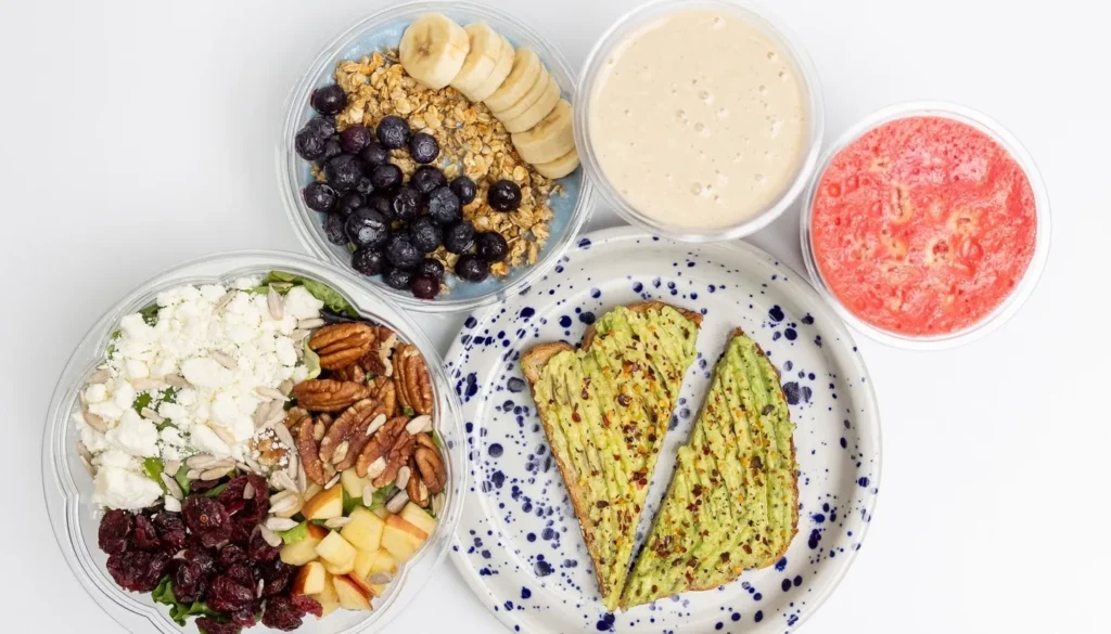 Avocado toast, fruit and oat bowls, and blended juice